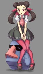 Rule 34 | 1girl, black footwear, brown hair, creatures (company), dress, full body, game freak, gen 3 pokemon, grey background, grey dress, gym leader, hair ornament, highres, looking at viewer, mary janes, nintendo, nosepass, open mouth, pantyhose, pink pantyhose, pokemon, pokemon (creature), pokemon oras, red eyes, roxanne (pokemon), shoes, twintails, you (maumauyo)