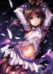 Rule 34 | 1girl, armpits, arms up, black pantyhose, breasts, brown eyes, brown hair, chain, feathers, floating hair, groin, highres, idolmaster, idolmaster cinderella girls, jacket, long hair, looking at viewer, ment, midriff, miniskirt, navel, pantyhose, pleated skirt, shiny skin, skirt, small breasts, solo, stomach, takamori aiko, torn clothes, torn jacket, torn pantyhose, torn skirt, white feathers, white jacket, white skirt