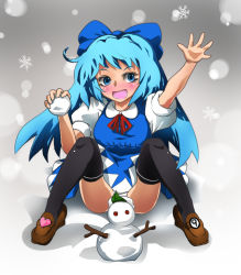 Rule 34 | 1girl, bad id, bad pixiv id, black thighhighs, blue eyes, blue hair, bow, breasts, censored, circled 9, cirno, convenient censoring, dress, female focus, full body, gradient background, hair bow, heart, letty whiterock, long hair, matching hair/eyes, nanban teishoku, outdoors, snowball, snowflakes, snowman, solo, thighhighs, touhou