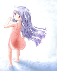 Rule 34 | 1girl, absurdres, bare shoulders, barefoot, dress, from behind, full body, gradient background, haty, highres, long hair, looking at viewer, looking back, original, purple hair, red eyes, snowflakes, solo, standing