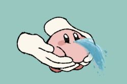 Rule 34 | aqua background, black eyes, blush stickers, disembodied hand, fish spitting water, holding, kirby, kirby (series), meme, mikan 38knight, nintendo, puffer fish vomiting water (meme), simple background, solo, water