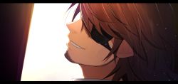 Rule 34 | 1boy, backlighting, bad id, bad pixiv id, belmond banderas, brown hair, choco (chocovix112), eyepatch, facial hair, from behind, letterboxed, long hair, male focus, nijisanji, parted lips, profile, smile, solo, stubble, virtual youtuber
