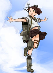 Rule 34 | 10s, 1girl, abe kanari, boots, bow, brown eyes, brown hair, clothes lift, hair bow, kantai collection, long hair, midriff peek, navel, outstretched arms, panties, pantyshot, personification, ponytail, school uniform, serafuku, shikinami (kancolle), skirt, skirt lift, socks, solo, spread arms, standing, standing on one leg, thigh strap, underwear, wind, wind lift