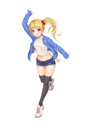 Rule 34 | 1girl, :d, absurdres, arm up, bad id, bad pixiv id, black thighhighs, blonde hair, blue jacket, denim, denim shorts, fang, full body, groin, highres, jacket, navel, open clothes, open jacket, open mouth, original, ponytail, red eyes, running, shoes, short shorts, shorts, sirocco, skin fang, smile, sneakers, solo, thighhighs, white footwear