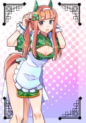 Rule 34 | 1girl, absurdres, alternate costume, animal ears, apron, blue eyes, blunt bangs, blush, body blush, breasts, chinese clothes, cleavage, closed mouth, commentary request, enmaided, hair ornament, headband, highres, horse ears, horse girl, horse tail, looking at viewer, maid, orange hair, silence suzuka (umamusume), small breasts, solo, tail, thighs, torakinaco, umamusume