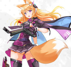 Rule 34 | 1girl, animal ears, breasts, cape, commentary, cowboy shot, fatkewell, fox ears, fox girl, fox tail, gloves, gun, hair between eyes, headgear, holding, holding gun, holding weapon, long hair, looking at viewer, looking to the side, mecha musume, medium breasts, open mouth, orange hair, original, parted bangs, purple eyes, purple shirt, purple skirt, shirt, sidelocks, simple background, skirt, solo, tail, thighhighs, weapon, zettai ryouiki