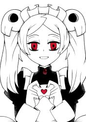 Rule 34 | 1girl, absurdres, apron, black nails, bloody marie (skullgirls), dress, hair ornament, heart, heart-shaped pupils, heart hands, highres, its hiroshi, long sleeves, looking at viewer, maid headdress, red eyes, simple background, skull hair ornament, skullgirls, smile, solo, symbol-shaped pupils, twintails, upper body, white apron, white background, white hair