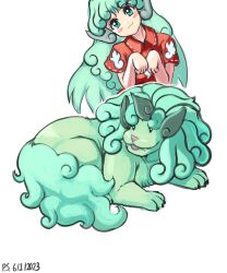 Rule 34 | 1girl, absurdres, cloud print, commentary, curly hair, dated, english commentary, fangs, green eyes, green hair, highres, horns, komainu, komano aunn, komano aunn (komainu), long hair, paw pose, profitshame, red shirt, shirt, signature, simple background, single horn, tail, touhou, white background
