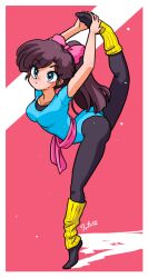 Rule 34 | 1980s (style), 1girl, arms up, ass, belt, black pantyhose, black undershirt, blue eyes, blue leotard, bow, breasts, brown hair, exercising, gymnastics, hair bow, high ponytail, kuonji ukyou, leg up, leotard, long hair, looking up, medium breasts, oldschool, pantyhose, pink belt, pink bow, ranma 1/2, retro artstyle, signature, standing, standing on one leg, stretching, sweatdrop, tiptoes, two-tone background, wanta (futoshi), yellow leg warmers