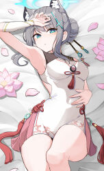 Rule 34 | 1girl, absurdres, animal ear fluff, animal ears, armpits, bed sheet, blue archive, blue eyes, blue halo, blush, breasts, china dress, chinese clothes, cross hair ornament, dress, extra ears, flower, grey hair, hair between eyes, hair ornament, halo, highres, lapis (gulala375), lying, mahjong soul, medium breasts, medium hair, mismatched pupils, official alternate costume, on back, open mouth, petals, pink flower, shiroko (blue archive), shiroko (flowery charms) (blue archive), sleeveless, sleeveless dress, solo, white dress, wolf ears