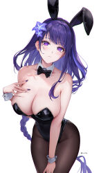 Rule 34 | 1girl, animal ears, bare shoulders, black bow, black bowtie, black leotard, bow, bowtie, braid, breast suppress, breasts, cleavage, closed mouth, collarbone, cowboy shot, detached collar, fake animal ears, flower, genshin impact, hair flower, hair ornament, hand on own chest, hand on own thigh, highres, large breasts, leaning forward, leotard, long hair, looking at viewer, low-braided long hair, low-tied long hair, mole, mole under eye, pantyhose, playboy bunny, purple eyes, purple hair, purple nails, rabbit ears, raiden shogun, rity, shiny clothes, simple background, skindentation, solo, strapless, strapless leotard, twitter username, very long hair, white background, wrist cuffs