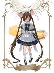 Rule 34 | 1girl, absurdres, apron, black dress, black footwear, brown eyes, capelet, cheese, closed mouth, dress, ear piercing, food, full body, hae zu, hair between eyes, highres, long hair, maid, maid apron, mouse girl, mouse tail, omelet, omurice, original, piercing, shoes, smile, socks, solo, standing, tail, twintails, very long hair, white apron, white socks