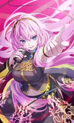 armlet blue_eyes breasts commentary_request floating_clothes floating_hair hair_between_eyes hairband highres holding holding_microphone jewelry large_breasts long_hair looking_at_viewer luka_luka_night_fever_(vocaloid) megurine_luka microphone murumuru_(pixiv51689952) navel open_mouth partial_commentary pink_background pink_hair pink_pupils pointing pointing_at_viewer shirt side_slit sleeveless sleeveless_shirt smile very_long_hair vocaloid