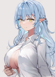 Rule 34 | 1girl, absurdres, ahoge, blue hair, blush, braid, breasts, cleavage, closed mouth, collared shirt, elf, hair between eyes, half updo, highres, hololive, korogoro (mago0057), large breasts, looking at viewer, multicolored hair, open clothes, open shirt, pointy ears, shirt, simple background, solo, streaked hair, upper body, virtual youtuber, white shirt, yellow eyes, yukihana lamy