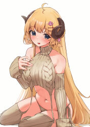 Rule 34 | absurdres, ahoge, animal ears, arm support, backless outfit, bare shoulders, blonde hair, blue eyes, blush, brown panties, brown sweater, brown thighhighs, curled horns, detached sleeves, hair ornament, hairclip, hand on own chest, highres, hololive, horns, long hair, long sleeves, looking at viewer, meme attire, mochiyuki (gigfor1), navel, open mouth, panties, ribbed sleeves, ribbed sweater, ribbed thighhighs, sheep ears, sheep girl, sheep horns, sideless outfit, sideless sweater, simple background, sitting, sleeveless, sleeveless sweater, smile, stomach, sweater, thighhighs, thighs, tsunomaki watame, underwear, very long hair, virgin destroyer sweater, virtual youtuber, white background, yokozuwari