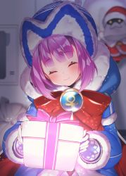Rule 34 | 1girl, ^ ^, beanie, blue capelet, blue coat, blue dress, blurry, blurry background, blush, bow, box, capelet, closed eyes, closed mouth, coat, colonel olcott (fate), depth of field, dress, facing viewer, fate/grand order, fate (series), fur-trimmed capelet, fur-trimmed dress, fur-trimmed hood, fur-trimmed sleeves, fur trim, gift, gift box, gloves, glowing, hat, helena blavatsky (christmas) (fate), helena blavatsky (fate), holding, holding gift, hood, hood down, hooded capelet, long sleeves, looking at viewer, purple hair, red bow, short hair, smile, solo, suzuho hotaru