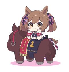 Rule 34 | 1girl, absurdres, animal ears, blush stickers, bow, breasts, brown eyes, brown hair, center frills, closed mouth, collared shirt, colored shadow, frills, hair bow, hands up, highres, horse ears, horse girl, horse tail, looking at viewer, nozo (hitomiz), pink bow, pink skirt, puffy short sleeves, puffy sleeves, purple bow, red footwear, shadow, shirt, shoes, short sleeves, simple background, skirt, small breasts, smart falcon (racehorse), smart falcon (umamusume), smile, solo, standing, standing on one leg, tail, twintails, umamusume, white background, white shirt, wrist cuffs