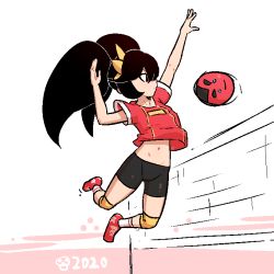 Rule 34 | 1girl, 2020 summer olympics, arms up, ashley (warioware), bad id, bike shorts, black hair, black shorts, drawfag, liveactors, navel, nintendo, playing sports, red (warioware), shoes, shorts, socks, solo, sportswear, volleyball, volleyball net, volleyball uniform, warioware, white background
