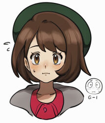 Rule 34 | 1girl, blush, bob cut, brown eyes, brown hair, buttons, cardigan, closed mouth, collared dress, commentary request, creatures (company), dress, echizen (n fns17), emoji, eyelashes, flying sweatdrops, game freak, gloria (pokemon), green headwear, grey cardigan, hat, hooded cardigan, looking at viewer, nintendo, pokemon, pokemon swsh, portrait, short hair, simple background, sweatdrop, tam o&#039; shanter, white background