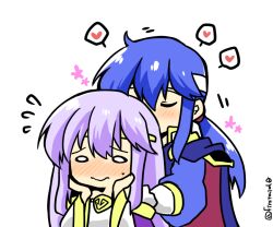 Rule 34 | 1boy, 1girl, blue cape, blue hair, blush, brother and sister, cape, circlet, dress, embarrassed, fire emblem, fire emblem: genealogy of the holy war, hands on own cheeks, hands on own face, headband, heart, implied incest, incest, julia (fire emblem), nintendo, ponytail, purple hair, seliph (fire emblem), siblings, simple background, smelling hair, white headband, yukia (firstaid0)