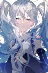 Rule 34 | 1girl, bare shoulders, black sleeves, blue eyes, blue hair, blue nails, blue necktie, blush, collared shirt, detached sleeves, frilled shirt, frills, hair between eyes, hatsune miku, light particles, long hair, looking at viewer, nail polish, necktie, open mouth, parted lips, shirt, simple background, sleeveless, sleeveless shirt, solo, twintails, un known9999, upper body, very long hair, vocaloid, white background, white shirt, wide sleeves