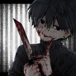 Rule 34 | 1boy, black eyes, black hair, black sweater, blood, blood on face, blood on hands, bloody knife, bloody weapon, blush, cable knit, earrings, haep0912, highres, holding, holding knife, jewelry, knife, looking at viewer, male focus, pixel art, short hair, smile, solo, stud earrings, sweater, tongue, tongue out, tsugino haru, turtleneck, turtleneck sweater, weapon, zeno (game)