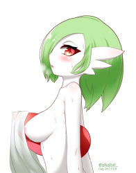 Rule 34 | 1girl, absurdres, akatori (redbird), areola slip, artist name, blush, breasts, breath, colored skin, creatures (company), dated, female focus, from side, game freak, gardevoir, gen 3 pokemon, green hair, hair over one eye, half-closed eyes, highres, looking at viewer, looking to the side, medium breasts, nintendo, nude, open mouth, pokemon, pokemon (creature), profile, red eyes, see-through, shiny skin, short hair, simple background, solo, towel, twitter username, upper body, watermark, wet, wet hair, white skin