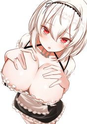 Rule 34 | 1girl, absurdres, anchor symbol, apron, areola slip, azur lane, black dress, blush, breast suppress, breasts, cleavage, collarbone, commentary request, dress, frilled dress, frilled sleeves, frills, from above, hair between eyes, hairband, hands on own chest, highres, huge breasts, lelex, looking at viewer, looking up, open mouth, red eyes, short hair, simple background, sirius (azur lane), solo, standing, tareme, thighhighs, white background, white hair, white thighhighs