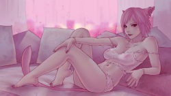 Rule 34 | 1girl, animal ears, aqua eyes, warrior of light (ff14), bare shoulders, barefoot, blurry, blurry background, bracelet, breasts, camisole, cat ears, cat tail, closed mouth, commission, cushion, ear piercing, earrings, facial mark, feet, final fantasy, final fantasy xiv, hand on own knee, indoors, jewelry, lips, looking at viewer, lying, medium breasts, midriff, miqo&#039;te, navel, necklace, nipples, on back, panties, piercing, pink hair, rain, see-through, short hair, solo, soranamae, strap slip, tail, toes, underwear, whisker markings, window