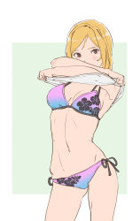 Rule 34 | 1girl, absurdres, armpits, bikini, bikini under clothes, blonde hair, blouse, blue bikini, blush, breasts, breasts apart, brown eyes, clothes lift, covered mouth, cowboy shot, flat color, green background, highres, idolmaster, idolmaster million live!, leaning to the side, legs apart, lifting own clothes, long hair, looking at viewer, momose rio, multi-strapped bikini, ooeyama ken, outside border, parted bangs, pink bikini, print bikini, shirt, shirt lift, side-tie bikini bottom, simple background, solo, standing, string bikini, swept bangs, swimsuit, thighs, undressing, white shirt, wide hips