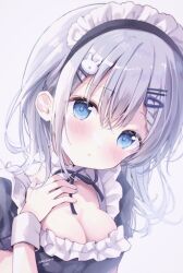 Rule 34 | 1girl, amedamacon, black dress, black ribbon, blue eyes, blush, breasts, cleavage, commentary request, dress, frilled dress, frills, grey background, grey hair, hair between eyes, hair ornament, hairclip, hand up, highres, long hair, looking at viewer, maid headdress, medium breasts, neck ribbon, original, parted lips, puffy short sleeves, puffy sleeves, rabbit hair ornament, ribbon, short sleeves, signature, simple background, solo, upper body, wrist cuffs