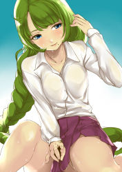 Rule 34 | 10s, 1girl, blue eyes, braid, breasts, collarbone, commentary request, green hair, hand in own hair, highres, kantai collection, kneeling, long hair, long sleeves, looking at viewer, mole, mole under mouth, nekotama1987, purple skirt, shiny skin, shirt, skirt, smile, solo, very long hair, white shirt, yuugumo (kancolle)