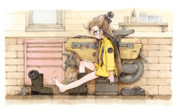 Rule 34 | 1girl, barefoot, black footwear, blue eyes, boots, brick wall, brown hair, closed mouth, commentary request, from side, hi fumiyo, highres, honda motocompo, jacket, long hair, long sleeves, looking down, original, painting (medium), personification, profile, shelf, signature, solo, sparkle, traditional media, very long hair, watercolor (medium), window, yellow jacket