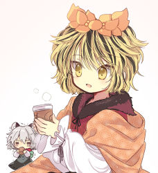 Rule 34 | 2girls, animal ear fluff, animal ears, bad id, bad pixiv id, biyon, black hair, black skirt, blonde hair, cup, disposable cup, gradient background, grey hair, hair ornament, holding, holding cup, jewelry, long sleeves, medium hair, mouse ears, multicolored hair, multiple girls, nazrin, open mouth, pendant, pink background, red scarf, scarf, simple background, skirt, smile, steam, streaked hair, toramaru shou, touhou, twitter username, upper body, white background, yellow eyes