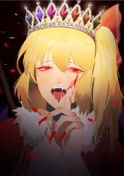 Rule 34 | 1girl, alternate headwear, b (bbm), black background, blonde hair, cape, confetti, crown, crystal, fang, fangs, fingernails, flandre scarlet, hair between eyes, hair ribbon, hand up, highres, jewelry, light, long fingernails, looking at viewer, nail polish, one side up, open clothes, open mouth, petals, pointing, red cape, red eyes, red nails, red ribbon, resolution mismatch, ribbon, short hair, short sleeves, simple background, solo, source smaller, teeth, tongue, touhou, upper body, wings