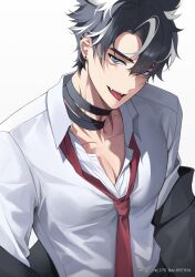 Rule 34 | 1boy, abs, black hair, black jacket, blue eyes, genshin impact, grey hair, hair between eyes, highres, jacket, long sleeves, male focus, multicolored hair, necktie, open mouth, red necktie, scar, shirt, short hair, solcha, solo, streaked hair, tongue, tongue out, white shirt, wriothesley (genshin impact)