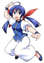 Rule 34 | 1girl, ahoge, anbe masahiro, baggy pants, blue eyes, blue hair, chinese clothes, fatal fury, fighting stance, futaba hotaru, garou: mark of the wolves, hair ribbon, kung fu, long hair, matching hair/eyes, no socks, open mouth, pants, ribbon, smile, snk, solo, twintails, wristband