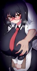 Rule 34 | 1boy, 1girl, akamine miki, black hair, blush, breasts, den noko, disembodied hand, glasses, grabbing, grabbing another&#039;s breast, groping, heavy breathing, highres, huge breasts, molestation, motion lines, necktie, nervous, offscreen person, red tie, sexual harassment, solo focus, sweat, sweatdrop