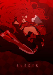 Rule 34 | 1girl, absurdres, argyle, argyle background, argyle clothes, black socks, character name, doremi, elesis (elsword), elsword, fetal position, full body, hair spread out, high heels, highres, juliet sleeves, long hair, long sleeves, lying, on side, puffy sleeves, red eyes, red hair, red skirt, red theme, skirt, socks, solo, sword, very long hair, weapon