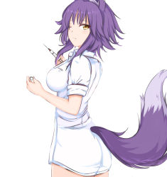 Rule 34 | 1girl, animal ear fluff, animal ears, blush, breasts, closed mouth, highres, large breasts, looking at viewer, looking to the side, makoto (princess connect!), nurse, one eye closed, princess connect!, purple hair, sa (nax49), simple background, solo, syringe, tail, white background, wolf ears, wolf girl, wolf tail, yellow eyes