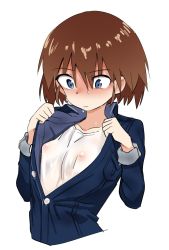Rule 34 | 1girl, aomushi (mushamusha), blue eyes, blue shirt, breasts, brown hair, closed mouth, commentary, covered erect nipples, cropped torso, denim shirt, frown, girls und panzer, highres, long sleeves, looking down, open clothes, open shirt, opened by self, partially unbuttoned, sakaguchi karina, see-through, shirt, short hair, small breasts, solo, upper body, wet, wet clothes, wet hair, white shirt