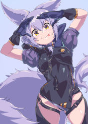 Rule 34 | 1girl, :p, absurdres, animal ears, arknights, arms up, braid, commentary request, cowboy shot, gloves, hair between eyes, highres, jacket, large tail, looking at viewer, provence (arknights), puffy short sleeves, puffy sleeves, purple background, purple hair, purple jacket, purple tail, sajimaririri, short hair, short sleeves, simple background, single braid, smile, solo, standing, tail, thigh strap, thighs, tongue, tongue out, wolf ears, yellow eyes