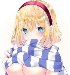 Rule 34 | 1girl, alice margatroid, blonde hair, blue eyes, blush, breasts, commentary request, covering own mouth, eyes visible through hair, furrowed brow, hairband, large breasts, lolita hairband, looking at viewer, nanase nao, scarf, short hair, simple background, solo, striped clothes, striped scarf, touhou, two-tone, underboob, upper body, white background