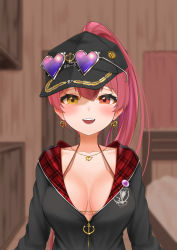 Rule 34 | 1girl, :d, black hat, black jacket, blurry, blurry background, blush, bra strap, breasts, cleavage, commentary request, depth of field, earrings, eyewear on headwear, hair between eyes, hat, heart, heart-shaped eyewear, heart earrings, heart necklace, heterochromia, high ponytail, highres, hololive, houshou marine, houshou marine (summer), indoors, jacket, jewelry, large breasts, long hair, looking at viewer, necklace, official alternate costume, ootsuka you, open mouth, partially unzipped, pirate hat, ponytail, red eyes, red hair, smile, solo, sunglasses, upper body, virtual youtuber, yellow eyes