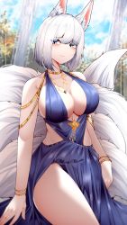 Rule 34 | 1girl, absurdres, animal ear fluff, animal ears, azur lane, blue dress, blurry, blurry background, blush, bracelet, breasts, cleavage, closed mouth, commentary request, dress, eyeshadow, fox ears, fox tail, highres, jewelry, kaga (azur lane), kaga (exalted white wings) (azur lane), large breasts, looking at viewer, makeup, samip, smile, tail, thighs, tree, white hair