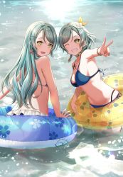 Rule 34 | 2girls, :d, ;d, aqua hair, artist name, ass, bang dream!, bangle, bare arms, bare shoulders, bikini, blue bikini, bow, bracelet, braid, breasts, collarbone, day, earrings, fingernails, flower, frilled bikini, frills, from behind, green eyes, grin, hair bow, hair flower, hair ornament, hair ribbon, hairclip, hand up, highres, hikawa hina, hikawa sayo, innertube, jewelry, leaning forward, lens flare, light blush, light particles, long hair, looking at viewer, looking back, medium breasts, medium hair, mia (fai1510), multi-strapped bikini, multiple girls, navel, ocean, one eye closed, open mouth, outdoors, outstretched arm, ribbon, siblings, side-tie bikini bottom, side braids, signature, sisters, smile, standing, star (symbol), star earrings, stomach, sunlight, swept bangs, swim ring, swimsuit, transparent, twin braids, twins, v, very long hair, wading, water, white flower, yellow bow, yellow ribbon