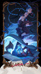 Rule 34 | absurdres, arcane: league of legends, arcane jinx, arm tattoo, asymmetrical bangs, blue eyes, blue hair, boots, border, braid, breasts, child, cloud tattoo, commentary, english commentary, explosion, fishbones (jinx), full body, gem, hextech crystal, highres, jinx (league of legends), league of legends, lionsong, long hair, looking at another, lying, pants, phonograph, pillow, powder (arcane), short hair, shoulder tattoo, sitting, striped clothes, striped pants, tattoo, teeth, twin braids, very long hair, watermark, web address