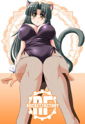 Rule 34 | 1girl, animal ears, breasts, cat ears, cat tail, fishnet pantyhose, fishnets, green hair, hip focus, kittysuit, large breasts, long hair, milk (tonpuu), nontraditional playboy bunny, original, pantyhose, solo, tail, tonpuu, wide hips, wrist cuffs, yellow eyes