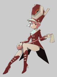 Rule 34 | 1girl, absurdres, bone print, boots, bow, bowtie, closed mouth, conductor baton, female focus, full body, gloves, grey background, hat, high heel boots, high heels, highres, holding, invisible chair, jacket, jakuzure nonon, kill la kill, light smile, long sleeves, looking at viewer, multicolored clothes, multicolored hat, pink eyes, pink hair, psylduck, red footwear, red hat, red jacket, shako cap, short hair, simple background, sitting, solo, white bow, white bowtie, white gloves, white hat, white legwear, white trim