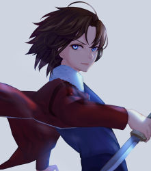 Rule 34 | 1girl, absurdres, ahoge, blue eyes, brown hair, closed mouth, from side, fur trim, grey background, highres, holding, holding weapon, jacket, kara no kyoukai, knife, long sleeves, looking at viewer, looking to the side, multicolored eyes, red jacket, ryougi shiki, short sword, simple background, solo, sword, tantou, upper body, weapon, whitem (whiteemperor2020)